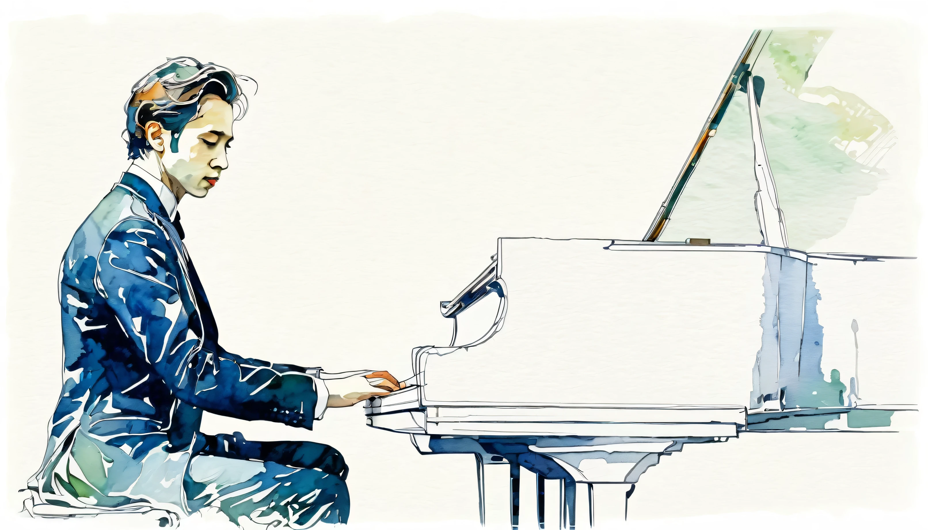 Chopin、pianist、Masterpiece、Omitted style,Line drawing sketch,Stylish cut, artistic,Scribble style,Clear, bold, thick outlines,,Rough coloring, watercolor painting,