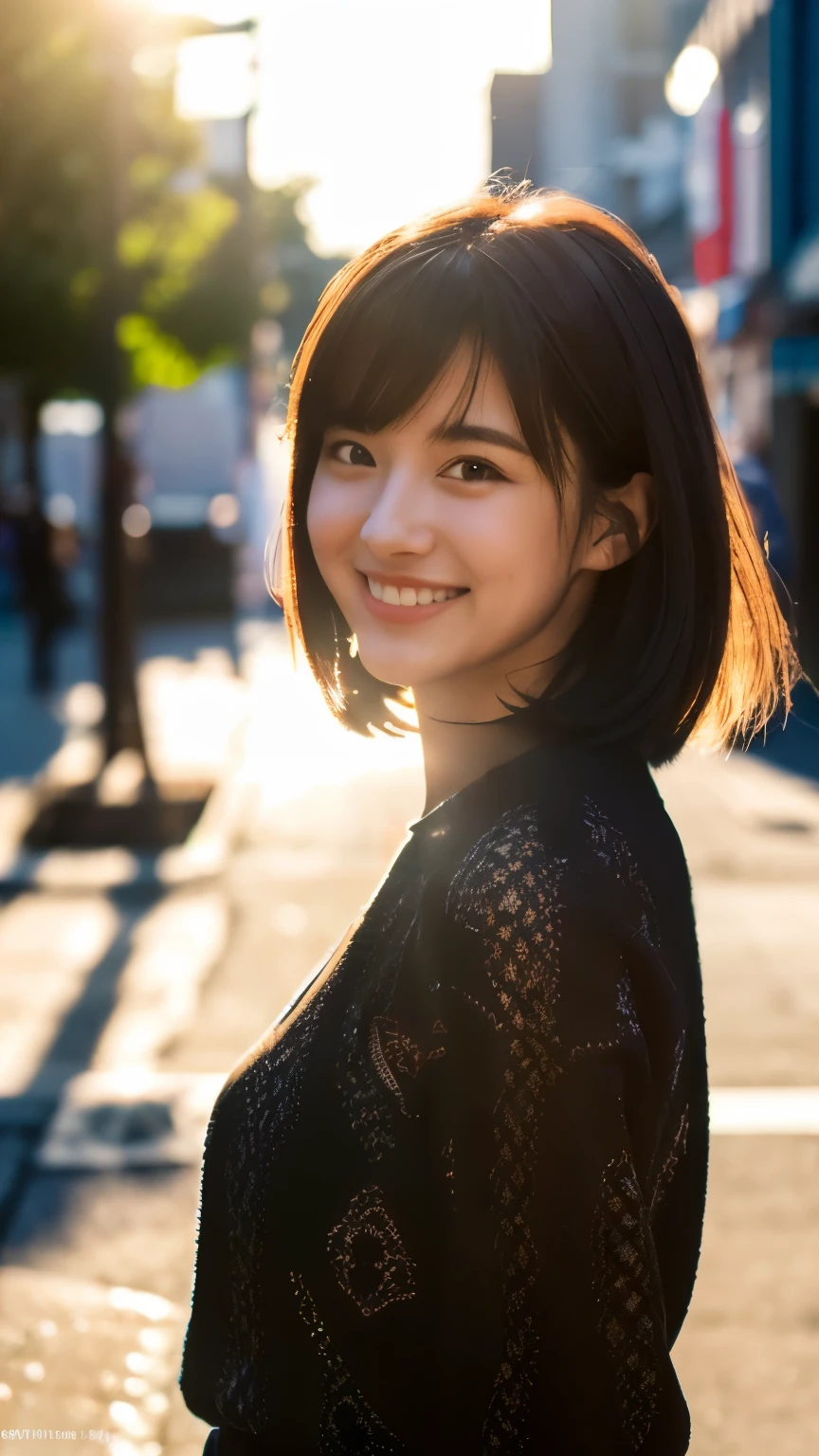 (highest quality,masterpiece:1.3,Ultra-high resolution),(Very detailed,Caustics,8k),(Realistic:1.4,RAW shooting),1 girl,(Smiling and looking at the camera),Side Shot,20-year-old,cute,Japanese,Short black hair,Long sleeve blouse,big ,Bust up shot,street,Face Focus,Natural light,Backlight,Lens flare,Professional Writing