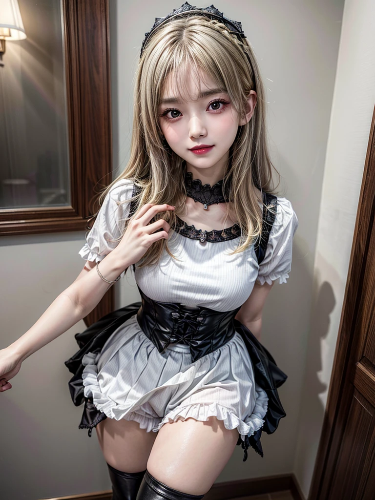 (8K, Photorealistic, Raw photo, of the highest quality: 1.3), (1girl in), Super beautiful, (Realistic face), (boyish, Silver Color Berry Shorthair), Beautiful , Glare that captivates the viewer, Beautiful expression, Beautiful breasts, (Realistic skin), Be...Super high quality, super high definition, super detailed, masterpiece, 20years old, female, cute, perfect face, beautiful, nice body, gothic lolita clothes, gothic lolita fashion, frilly skirt, headdress, necklace, bracelet, knee-high socks, boots, double eyelids, tear bags, Detailed down to the fingers, photo-like description, indoors, dim indoor lighting, blonde hair, short bob, standing, whole body, composition that shows the whole body, smiling