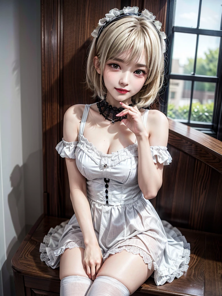 (8K, Photorealistic, Raw photo, of the highest quality: 1.3), (1girl in), Super beautiful, (Realistic face), (boyish, Silver Color Berry Shorthair), Beautiful , Glare that captivates the viewer, Beautiful expression, Beautiful breasts, (Realistic skin), Be...Super high quality, super high definition, super detailed, masterpiece, 20years old, female, cute, perfect face, beautiful, nice body, gothic lolita clothes, gothic lolita fashion, frilly skirt, headdress, necklace, bracelet, knee-high socks, boots, double eyelids, tear bags, Detailed down to the fingers, photo-like description, indoors, dim indoor lighting, blonde hair, short bob, standing, whole body, composition that shows the whole body, smiling