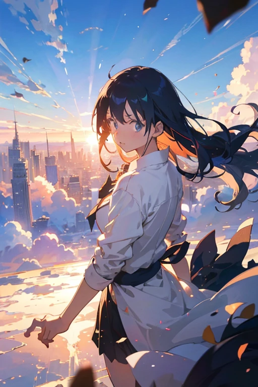 absurderes, hight resolution, (Anime style:1.1), ((masutepiece)), ((Best Quality)), (Ultra-detailed), (Beautiful), solo, Beautiful face、(liftup)、Cute looking at the view from the top of a skyscraper that is closer to the atmosphere,Wind,Thin White colorful long hair,, Blue Eyes,Lens Flare,Dramatic,Detailed Ancient City、Skirt fluttering in the wind、Clouds below looking down、(Don't look here:1.4)