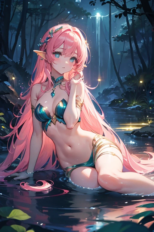 masterpiece, ultra detailed, 1girl, ((long white hair)), elf, fairy, ((pink theme)), ((pink pool)), white bikini, lights, ((glowing pink)), fireflys, ((half body)), swimming in water