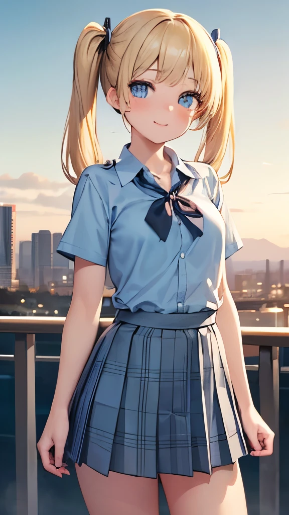 (masterpiece:1.3, highest quality, Ultra-high resolution, Very detailed), (Realistic:1.1, photoRealistic:1.4), Beautiful illustrations, Perfect lighting, colorful, Written boundary depth, Beautiful detailsまでこだわった髪, Beautifully detailed face, Beautiful details, Beautiful clavicle, Beautiful body, Beautiful breasts, Beautiful thighs, Beautiful legs, Beautiful fingers, View audience, 1 girl, Japanese, high school girl, Perfect Face, (Perfect Anatomy, Anatomically correct), Cute and symmetrical face, Baby Face, Sunburn, Shiny skin, (Middle Hair:1.5, Twin tails:1.2, blonde), Asymmetrical bangs, blue eyes, Long eyelashes, (Medium Chest), thin, ((Collared short-sleeved shirt, Light blue shirt, , Grey plaid pleated skirt, To the Navy)), No pants, (Beautiful views), evening, (Outdoor, distant cityscape), Are standing, (peace sign), (Cute Smile, Blushing、Upward glance, Open your mouth), (Open Girl'Cat:1.3), hour々squat:1.2,Put your finger in your pussy:1.3,