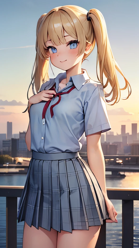 (masterpiece:1.3, highest quality, Ultra-high resolution, Very detailed), (Realistic:1.1, photoRealistic:1.4), Beautiful illustrations, Perfect lighting, colorful, Written boundary depth, Beautiful detailsまでこだわった髪, Beautifully detailed face, Beautiful details, Beautiful clavicle, Beautiful body, Beautiful breasts, Beautiful thighs, Beautiful legs, Beautiful fingers, View audience, 1 girl, Japanese, high school girl, Perfect Face, (Perfect Anatomy, Anatomically correct), Cute and symmetrical face, Baby Face, Sunburn, Shiny skin, (Middle Hair:1.5, Twin tails:1.2, blonde), Asymmetrical bangs, blue eyes, Long eyelashes, (Medium Chest), thin, ((Collared short-sleeved shirt, Light blue shirt, , Grey plaid pleated skirt, To the Navy)), No pants, (Beautiful views), evening, (Outdoor, distant cityscape), Are standing, (peace sign), (Cute Smile, Blushing、Upward glance, Open your mouth), (Open Girl'Cat:1.3), hour々squat:1.2,Put your finger in your pussy:1.3,