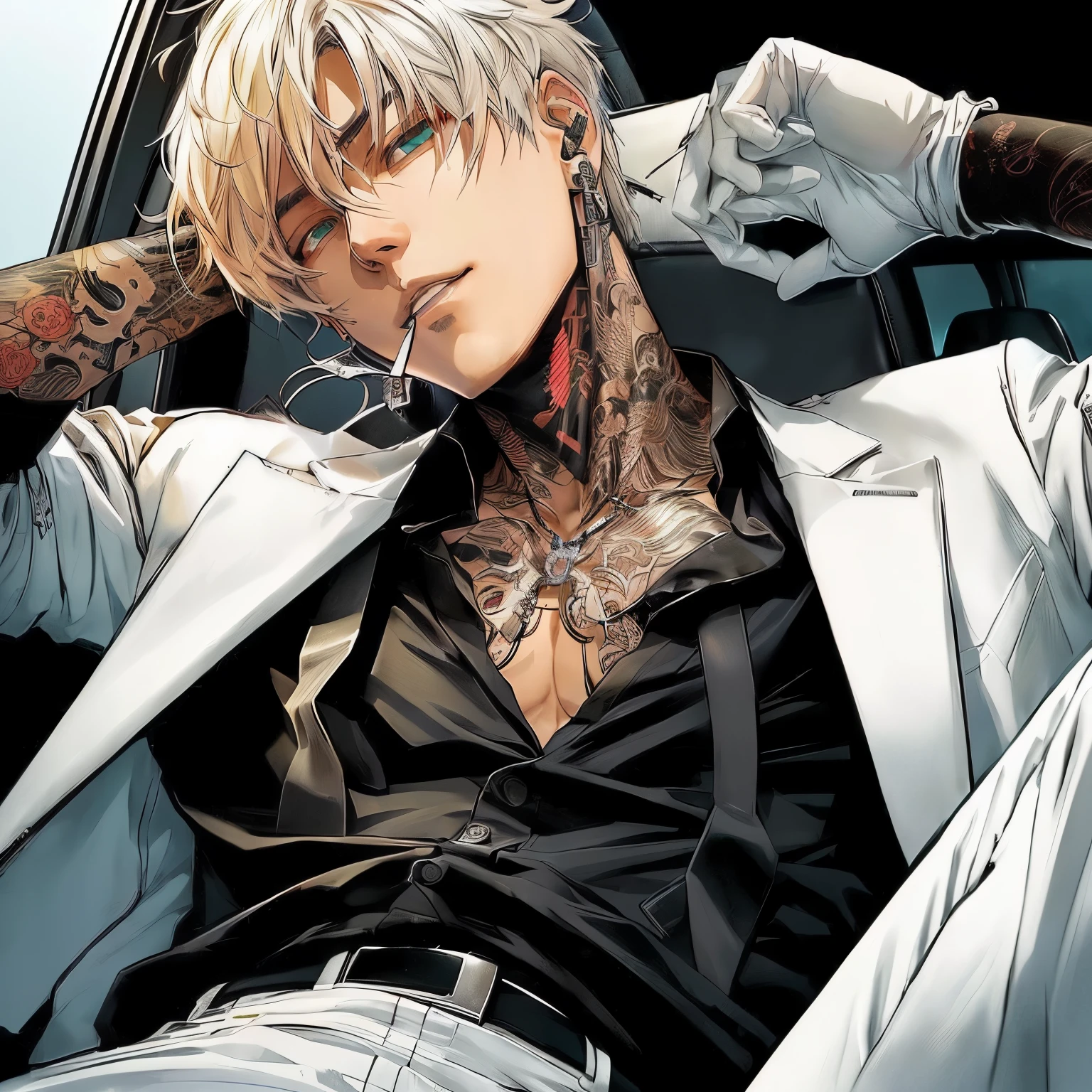 anime guy with tattoos and piercings sitting in a car, ken kaneki, male anime character, style of hajime isayama, 4 k manga wallpaper, key anime visuals, handsome guy in demon slayer art, kaneki ken, manhwa, detailed anime character art, key anime art, trigger anime artstyle, male anime style, tokyo ghoul. With a Pudgy soft belly and less muscles.