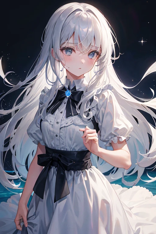 xcdd, dress, Water play, star, water, null, night, Shine, Shine, star, night null, Backlight, Particles of light, Floating Hair,, Absurd, ultra detailed, masterpiece, highest quality, beautiful, detailed,, Severe, One girl, (White eyes:1.1), (Grey Eyes:1.3), Gray Hair, Very long hair, Parted hair, Parted bangs, Medium chest,