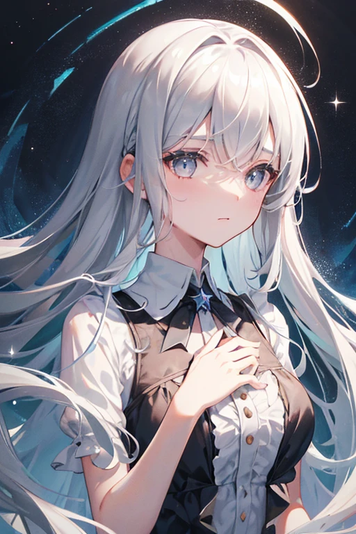xcdd, dress, Water play, star, water, null, night, Shine, Shine, star, night null, Backlight, Particles of light, Floating Hair,, Absurd, ultra detailed, masterpiece, highest quality, beautiful, detailed,, Severe, One girl, (White eyes:1.1), (Grey Eyes:1.3), Gray Hair, Very long hair, Parted hair, Parted bangs, Medium chest,