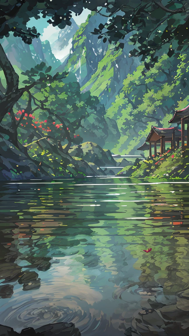 China, spring, jungle, lake, cave, Fall, Tree, grassland, rock, deer, hot spring, water vapor, (illustration: 1.0), Epic creation, Realistic lighting, High-resolution details, masterpiece, best quality, (Highly detailed CG Unity 8k wallpaper)