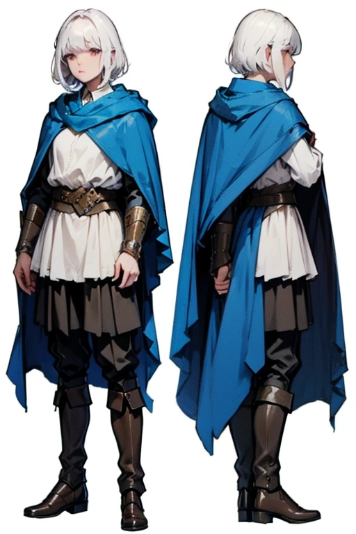 ((masterpiece)),(((best quality))),(character design sheet,same character,front,side,back),illustration,1 adult woman,(white hair), short haircut with bangs on one side,beautiful eyes, aristocrat, Environment change, pose too, magic, charturnbetalora, (simple background, white background: 1.3), clothing of a medieval battle (mage), blue cloak white bluse black pants