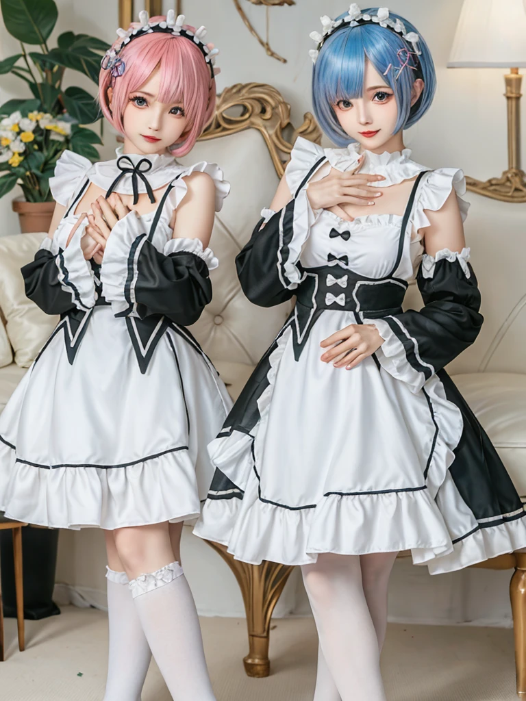 (8K, Photorealistic, Raw photo, of the highest quality: 1.3), (1girl in), Super beautiful, (Realistic face), (boyish, pink Color Berry Shorthair), Beautiful , Glare that captivates the viewer, Beautiful expression, Beautiful breasts, (Realistic skin), Be...Create a detailed and colorful image of Ram and Rem from Re:Zero, standing back-to-back in their maid outfits, with a magical fantasy background、14years old, two girls,cute, perfect face, beautiful, nice body, gothic ta clothes, gothic loliashion, frilly skirt, headdress, necklace, bracelet, knee-high socks, boots, double eyelids, tear bags, Detailed down to the fingers, photo-like description, indoors, dim indoor lighting, one girl is pink hair and short bob, another girl is light blue hair and short bob,standing,whole body, composition that shows the whole body, smiling,The Both of them are wearing the same type of maid outfit,Optimal ratio of 4 fingers and 1 thumb