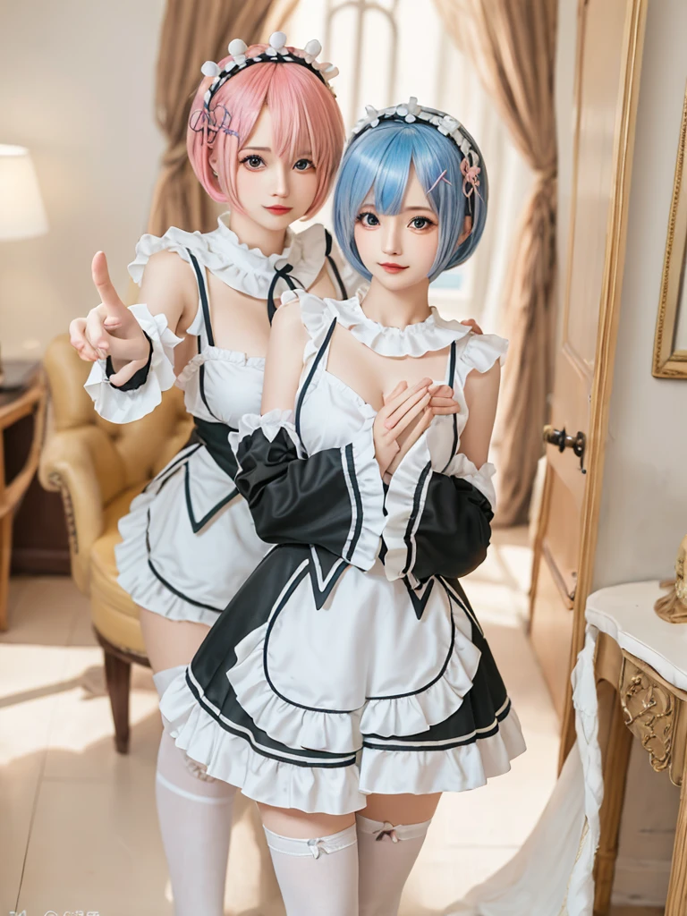 (8K, Photorealistic, Raw photo, of the highest quality: 1.3), (1girl in), Super beautiful, (Realistic face), (boyish, pink Color Berry Shorthair), Beautiful , Glare that captivates the viewer, Beautiful expression, Beautiful breasts, (Realistic skin), Be...Create a detailed and colorful image of Ram and Rem from Re:Zero, standing back-to-back in their maid outfits, with a magical fantasy background、14years old, two girls,cute, perfect face, beautiful, nice body, gothic ****ta clothes, gothic ****ta fashion, frilly skirt, headdress, necklace, bracelet, knee-high socks, boots, double eyelids, tear bags, Detailed down to the fingers, photo-like description, indoors, dim indoor lighting, one girl is pink hair and short bob, another girl is light blue hair and short bob,standing,whole body, composition that shows the whole body, smiling,The Both of them are wearing the same type of maid outfit,Optimal ratio of 4 fingers and 1 thumb