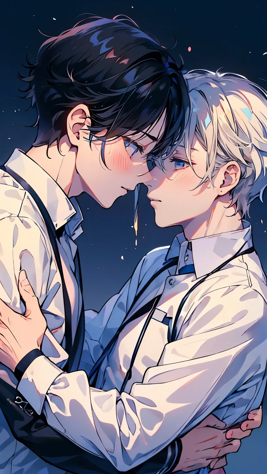 (Mastepiece), (Best Quality), Very detailed, ((Two men intimate:1.5)), Perfect Face, Beautiful Face, Very detailed顔,(Black Haired Man:1.3),(Man with white hair:1.3),uniform、shirt
