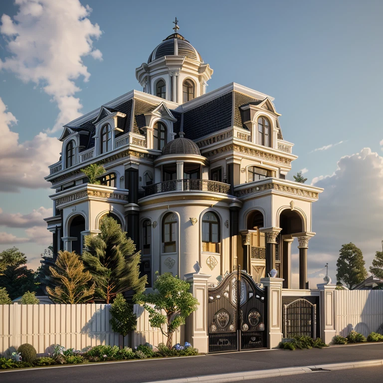 RAW photo, masterpiece, arafed house with a car parked in front of it, neo - classical style, rendered in lumion pro, classicism style, classicism artstyle, lumion render, rendered in lumion, architectural visualization, neoclassical style, in style of classicism, white light sun, rendered in vray, rendered in v-ray, rendered in unreal engine 3d, (photorealistic:1.2), best quality, ultra high res, exterior, architechture,modern house,(white wall:1.5), (detail gate black:1.4), (photorealistic:1.5), best quality, ultra high res, exterior,architechture,neoclassic house,(white wall:1.2), (detailed reliefs:1.2), (The front 1st floor has 4 windows), (the right side 1st floor has 4 windows), (the main side has three-step stairs), (the right side has three-step stairs) ,glass windows,,trees,traffic road, blue sky,in the style of realistic hyper-detailed rendering, luxury neoclassical villa, in the style of neoclassical scene, glass windows, (white navy roof:1.2), best quality, (straight strokedetail:1.1) roof top, (Intricate lines:1.5), ((Photorealism:1.5)),(((hyper detail:1.5))), archdaily, award winning design, (dynamic light:1.3), (night light:1.2), (perfect light:1.3), (shimering light :1.4),  refection glass windows, (curved line architecture arch:1.2), trees, beautiful sky, photorealistic, FKAA, TXAA, RTX, SSAO, Post Processing, Post-Production, CGI, VFX, SFX, Full color,((Unreal Engine 5)), Canon EOS R5 Camera + Lens RF 45MP full-frame CMOS sensor, HDR, Realistic,8k,((Unreal Engine 5)), Cinematic intricate detail, extreme detail, science, hyper-detail, FKAA, super detail, super realistic, crazy detail, intricate detail, nice color grading, reflected light on glass, eye-catching wall lights, unreal engine 5, octane render, cinematic, trending on artstation, High-fidelity, Viwvid, Crisp, Sharp, Bright, Stunning, ((Lifelike)), Natural, ((Eye-catching)), Illuminating, Flawless, High-quality,Sharp edge rendering, medium soft lighting, photographic render, detailed archviz