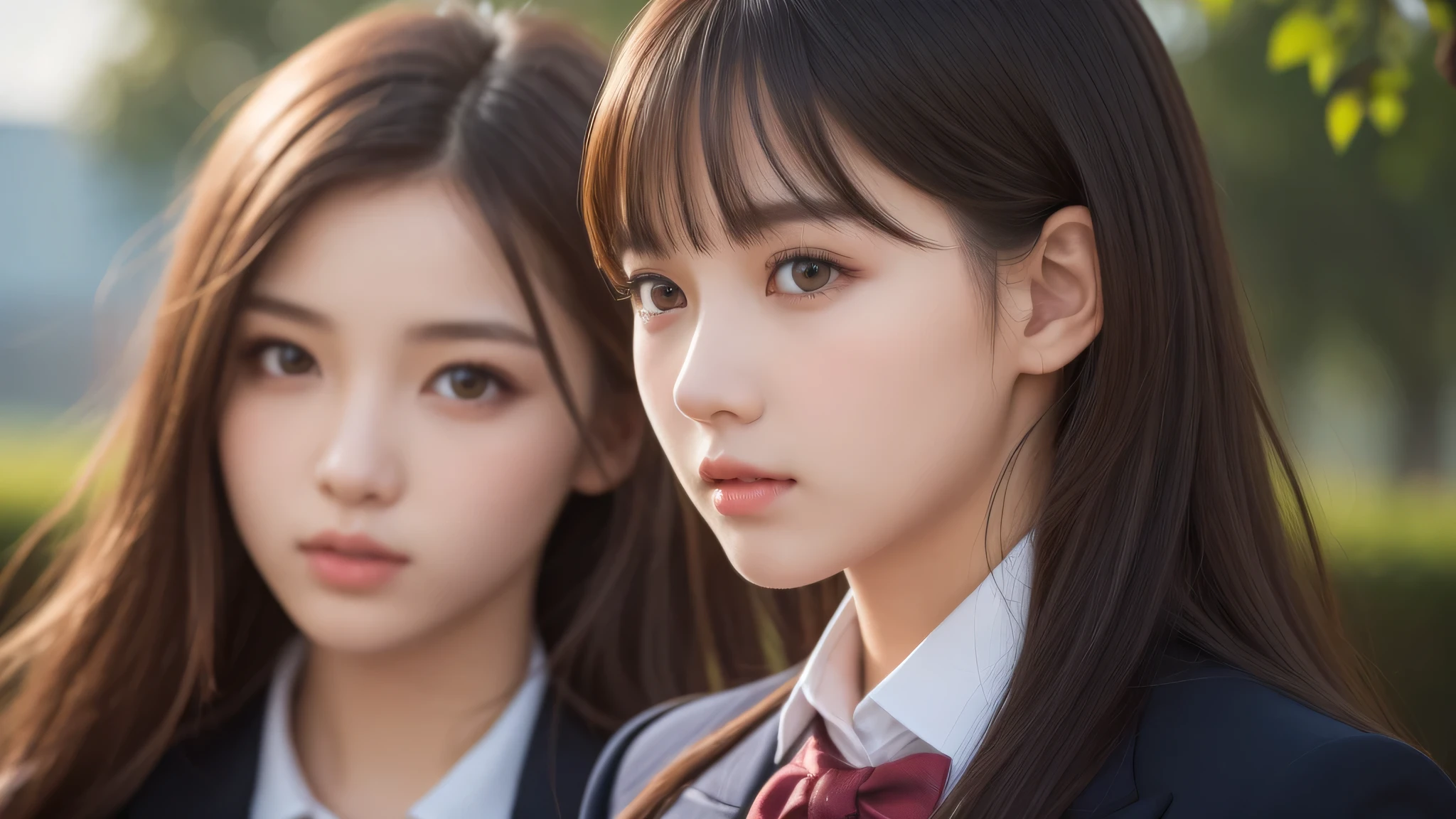 (2girl:1.3), (extremely detailed beautiful face), (highly detailed eyes, highly detailed face), (high school uniform), Fresh, very clean appearance, (best Quality:1.4), (hyper-realistic, hight resolution), Professional Photography, standing, Outdoors, Close up portrait of girl, staring at me, (Fine face:1.2), (big breasts:1.2), bob hair,