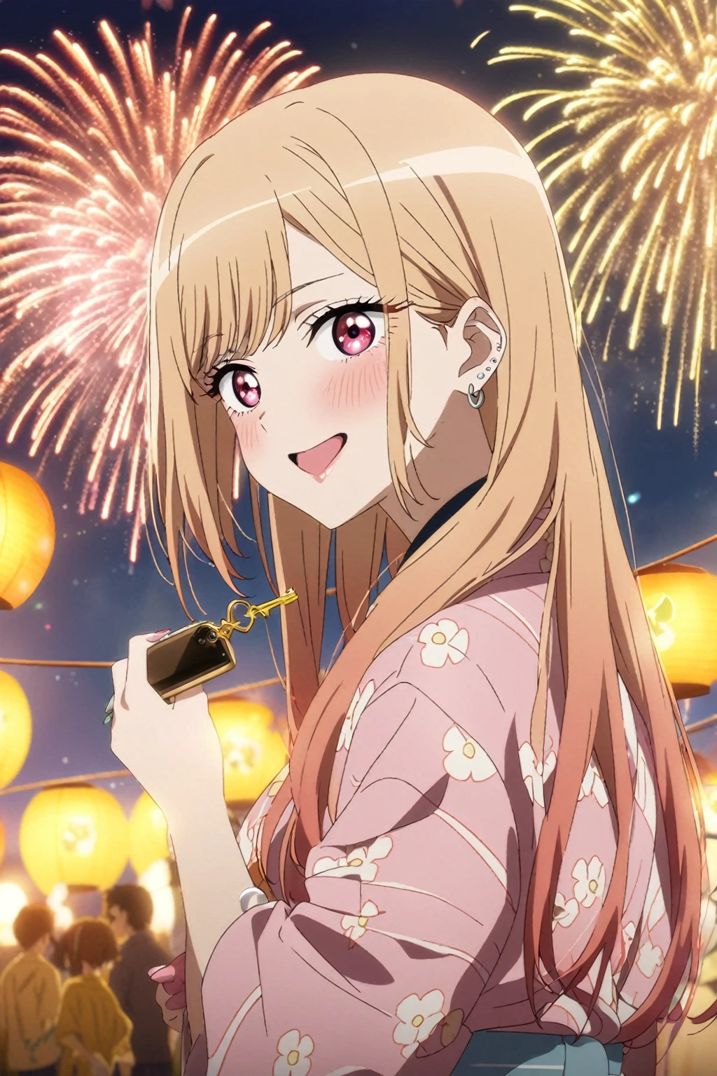 1girl, kitagawa marin, sono bisque doll wa koi wo suru, yukata, fireworks, festival, anime artwork, anime style, key visual, vibrant, studio anime, highly detailed, masterpiece, best quality, very aesthetic, absurdres