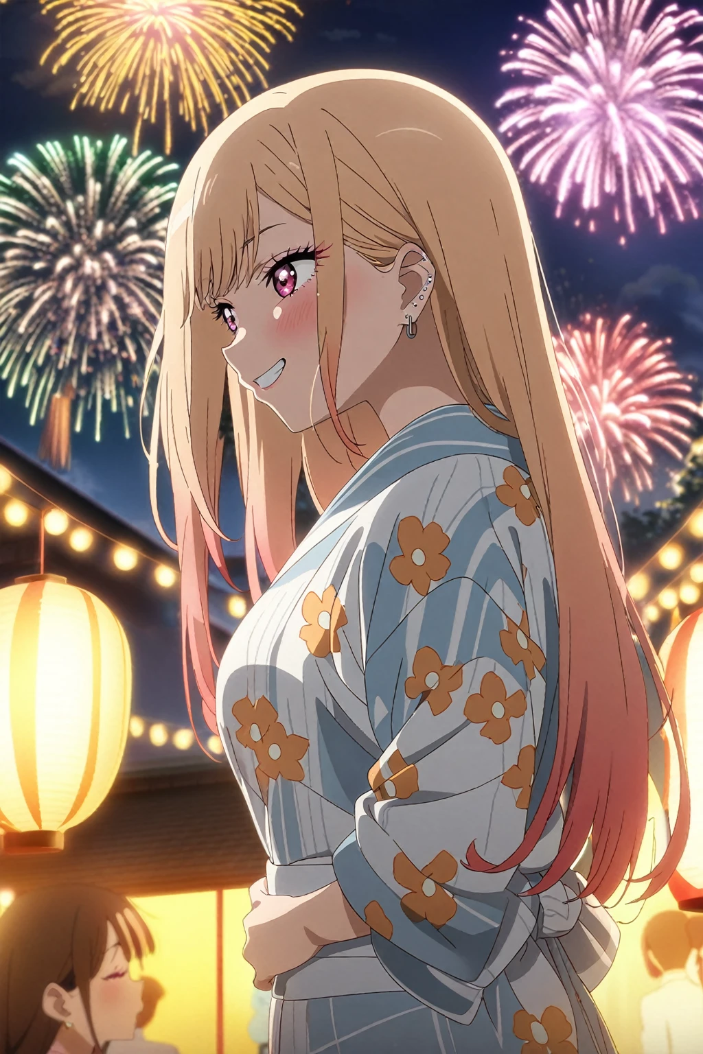 1girl, kitagawa marin, sono bisque doll wa koi wo suru, yukata, fireworks, festival, anime artwork, anime style, key visual, vibrant, studio anime, highly detailed, masterpiece, best quality, very aesthetic, absurdres