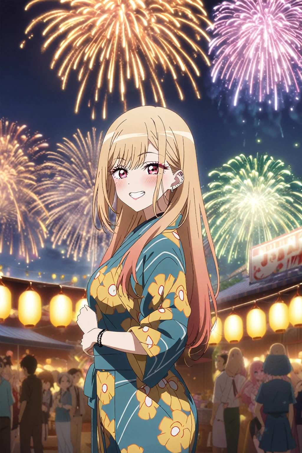 1girl, kitagawa marin, sono bisque doll wa koi wo suru, yukata, fireworks, festival, anime artwork, anime style, key visual, vibrant, studio anime, highly detailed, masterpiece, best quality, very aesthetic, absurdres
