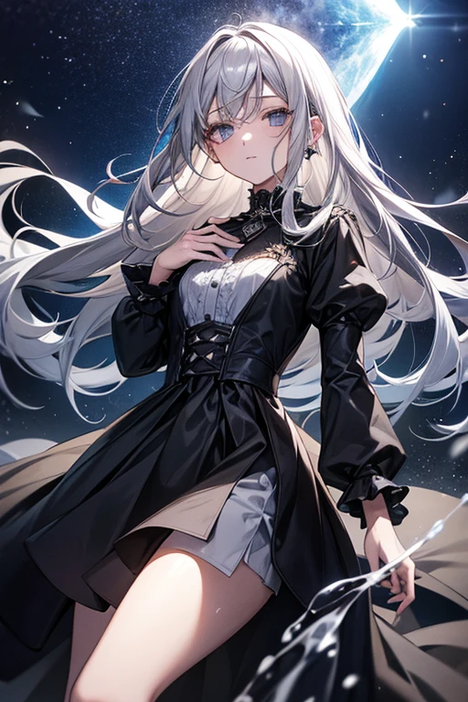 xcdd, dress, Water play, star, water, null, night, Shine, Shine, star, night null, Backlight, Particles of light, Floating Hair,, Absurd, ultra detailed, masterpiece, highest quality, beautiful, detailed,, Severe, One girl, (White eyes:1.1), (Grey Eyes:1.3), Gray Hair, Very long hair, Parted hair, Parted bangs, Medium chest,