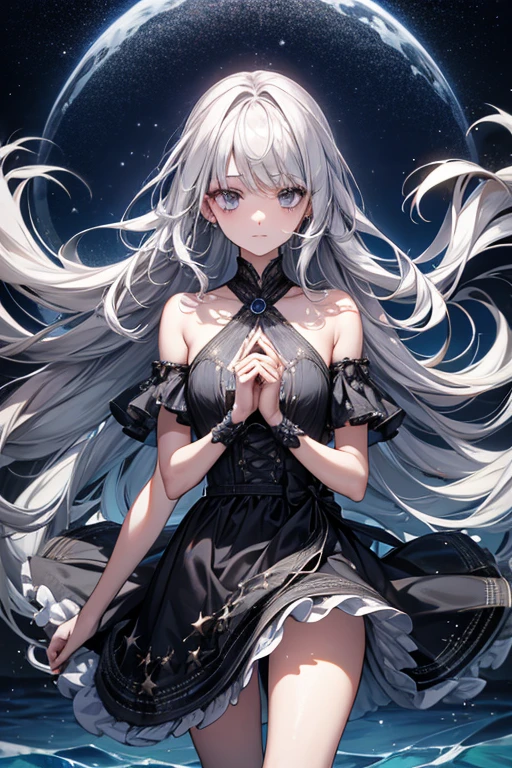 xcdd, dress, Water play, star, water, null, night, Shine, Shine, star, night null, Backlight, Particles of light, Floating Hair,, Absurd, ultra detailed, masterpiece, highest quality, beautiful, detailed,, Severe, One girl, (White eyes:1.1), (Grey Eyes:1.3), Gray Hair, Very long hair, Parted hair, Parted bangs, Medium chest,