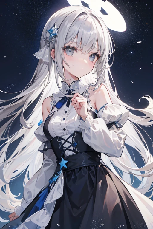 xcdd, dress, Water play, star, water, null, night, Shine, Shine, star, night null, Backlight, Particles of light, Floating Hair,, Absurd, ultra detailed, masterpiece, highest quality, beautiful, detailed,, Severe, One girl, (White eyes:1.1), (Grey Eyes:1.3), Gray Hair, Very long hair, Parted hair, Parted bangs, Medium chest,