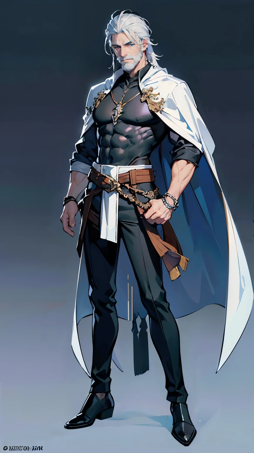 ((masterpiece,best quality,8k,highres)),((character concept art)), 1 male, middle-age adult male, British male, sorcerer, 185 cm height, permed mullet hairstyle (white hair colour), ultra finely detailed eyes (blue eyes colour), extraordinary handsome, charming, warm smile, short stubble beard (white beard colour), perfect body build ((muscular)), ((intricate detail)), super finely detailed hands, ultra finely detailed fingers(((ten fingers))), stylish sorcerer tops (black outfit colour), black long pants, pouches on waist, tool belt, black boots, big sorcerer cloak, magical necklace, magical bracelet, (standing still), (full body showcase), (show full body), (no logos on background), (no logo), ((plain background)), ((plain background)), (((empty background)))
