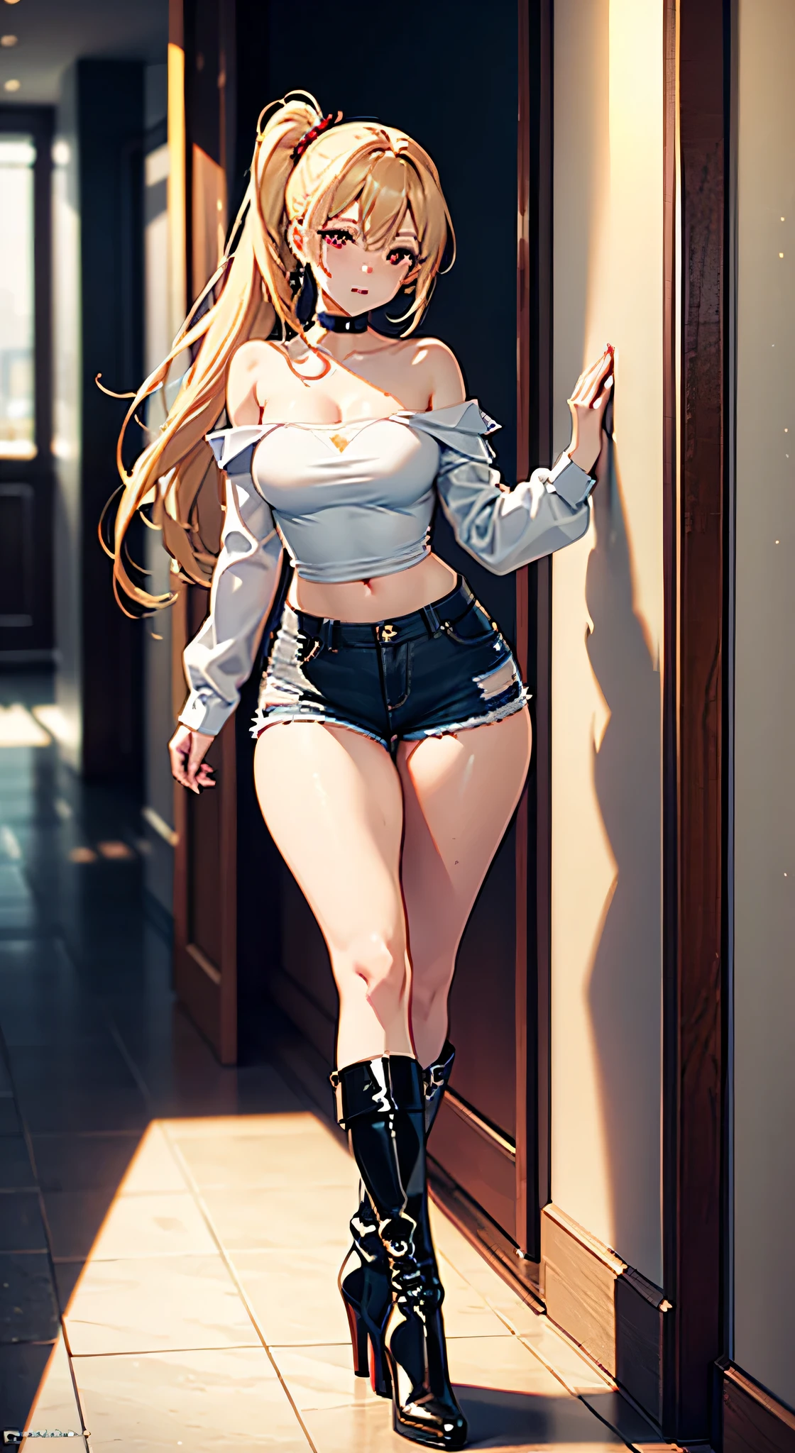 A very high-detailed illustration of a beautiful anime girl, blonde one side ponytail, freckles, beautiful red eyes, freckles, choker, lustful expression, cocky expression , collarbone, large breasts, small waist, wide hips, juicy thighs, solo, wearing a shirt , strapless ,white shirt, no sleeves, cleavage, naked waist, no sleeves, wearing shorts sexy shorts, black shorts, very revealing shorts, black denim shorts, juicy thighs, thick thighs, wearing high heel boots, black boots, high heel boots, boots up to her knee, in the hall of a high class hotel, facing the camera, posing standing, sexy posing, 8k, best quality, highres, masterpiece, full body picture, high detailed, high resolution