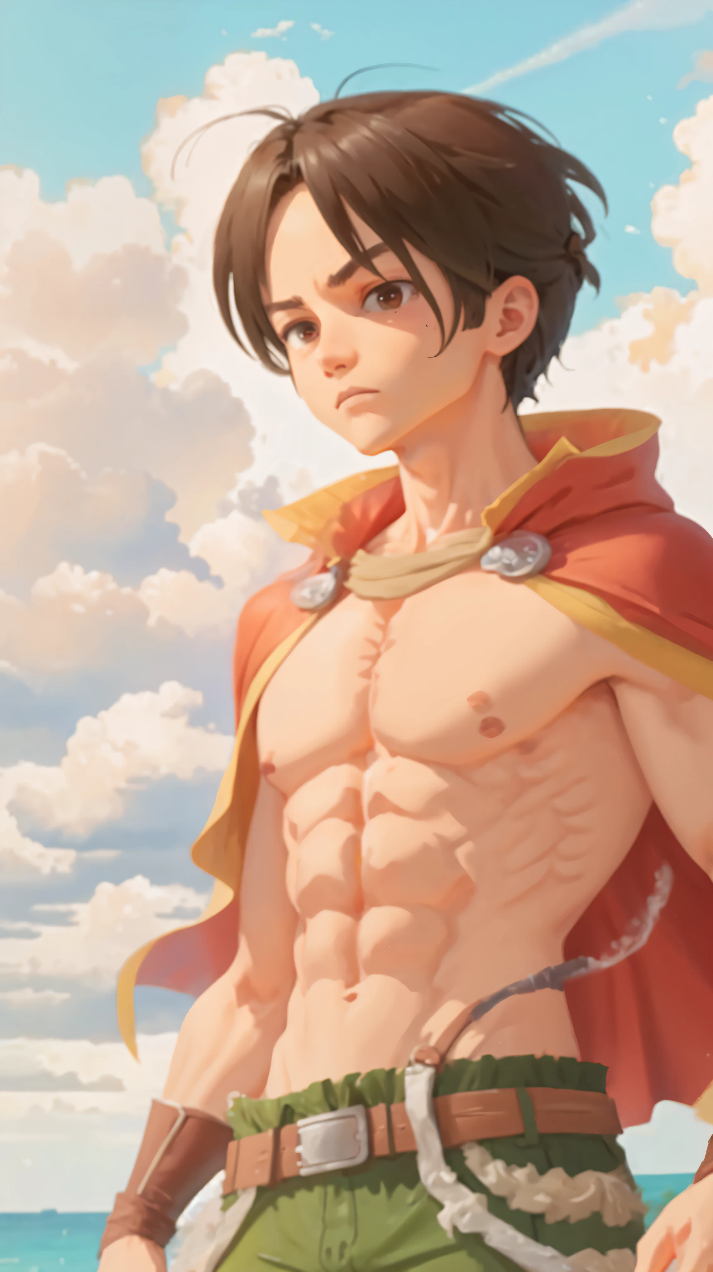 Anime man with cape in the wind, from anime Attack on Titan, Eren Yeager, Attack On Titan style, Six pack abs, Muscular, Man Bun Hairstyle, Beautiful surrounding scenery, Afternoon scenery, power-hungry face