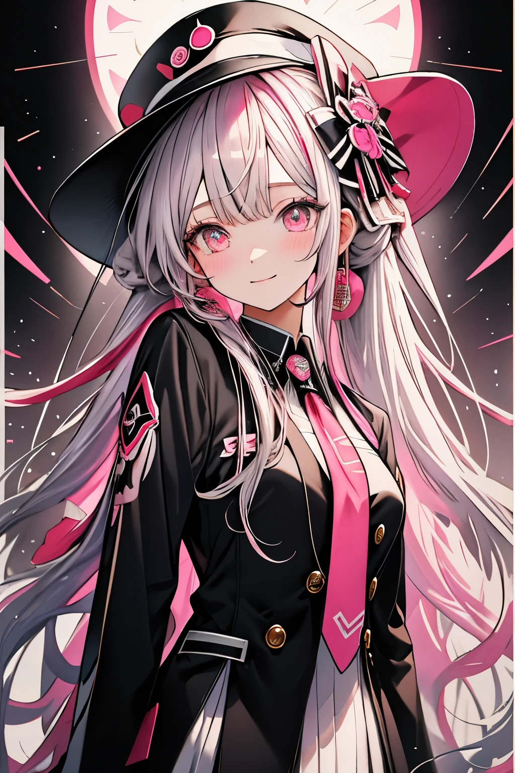 girl、Pink and white long hair、Twin tails、Big pink eyes、Black blazer、Red tie、、black and white plaid skirt、hat、Long Hair、Long Hair、Sparkling eyes、Fair skin、smile、(((masterpiece))), (best quality), (ultra detail), (very_high_resolution), (large_filesize), (full color)