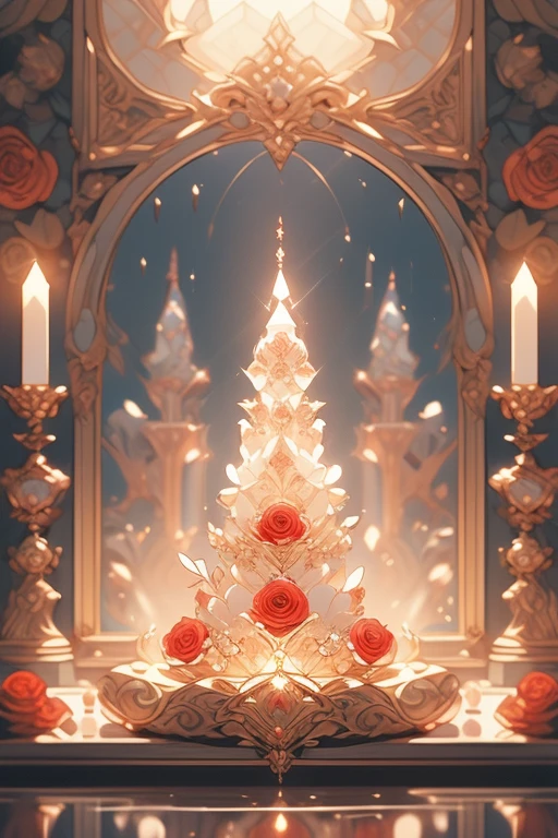 (Obra maestra:1.2), Mejor calidad, (illustration:1.2), (ultra detallado), hiper detalles, (delicado detallado), (detalles intrincados), (cinematic light, Mejor calidad Backlights), Delete line, solista, Cuerpo perfecto, (1 chica), Masterpiece oíl painting,Illustrate a (((delicate illustration))), intricate details that give off a (((magical crystal landscape vibe))), featuring (((red velvet roses))), evoking a fairytale wonder atmosphere with a (water reflection) that mirrors the (advanced detail), (constituir), alto contraste, (mejor iluminacion, un extremadamente creado y hermoso), (cinematic light), vistoso,