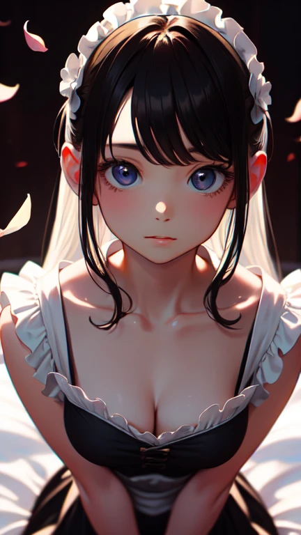 masterpiece, highest quality, One Girl, Thighs, beautiful girl, Flowers, Lots of small petals, Small waist, Official Art, RAWphotograph,The needle is accurate、Face Light, Dynamic Lighting, Cinema Lighting, Ultra-realistic, High resolution, photograph, Sharp focus, Highly detailed eyes and face,Symmetrical face, whole body、Large Breasts、Long Hair、チラリと見えるThighs、Beautiful cleavage、Maid、Black shoes、Beautiful legs
