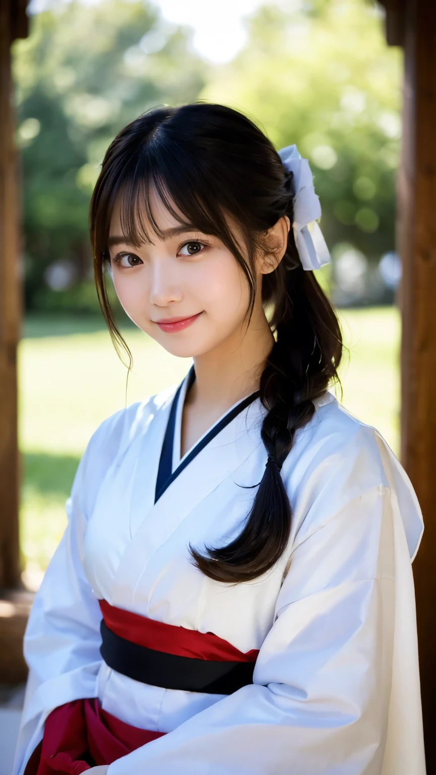 (highest quality,8K quality,masterpiece:1.3),(Ultra-high resolution,Realistic:1.4,Live Shooting),(Very detailed,Caustics),(Ultra-Realistic Capture,Beautiful and detailed skin),(Shrine precincts),(White and red shrine maiden costume),18-year-old,Japanese,cute,Long black hair,Low Ponytail,I'm looking at the camera with a smile on my face,big ,Soft Light,A ray of light shining from above,Natural light,