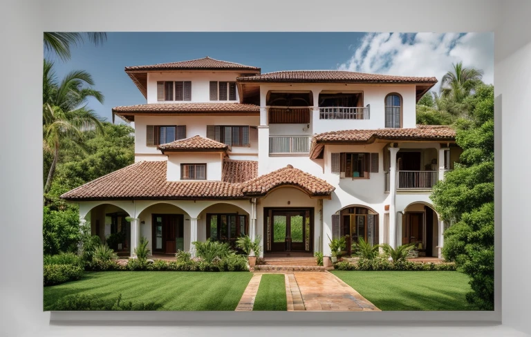 photography, tropical villa, white stucco walls, gable tiled roof, wood column supports, upper level balcony, lush greenery, potted plants, open veranda, overcast sky, wide shot, natural daylight   