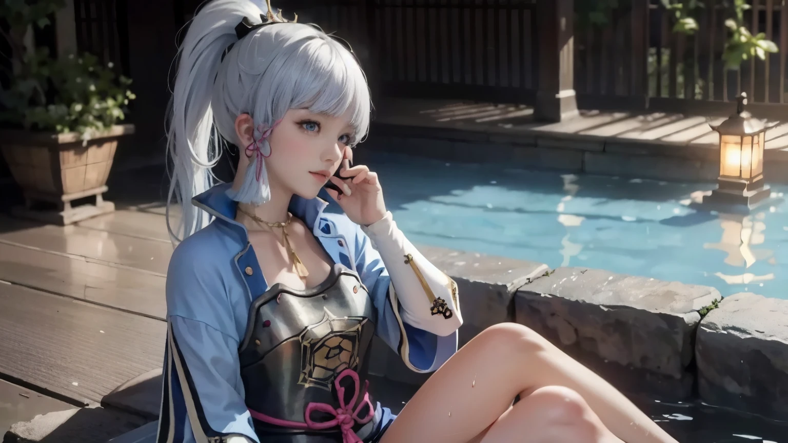 (((Masterpiece))), 4k resolution, Highly detailed, (((Very detailed eyes))), Detailed background, Cinematic lighting, crystal clear eyes, high quality, high resolution, Ultra detail, 8k, Best quality, masterpiece, High resolution, Best quality, 1girl solo, kamisato_ayaka, sitting, from above, looking at the audience, light smile, wading, wet hair, evening, poolside, Japanese onsen, sexy legs