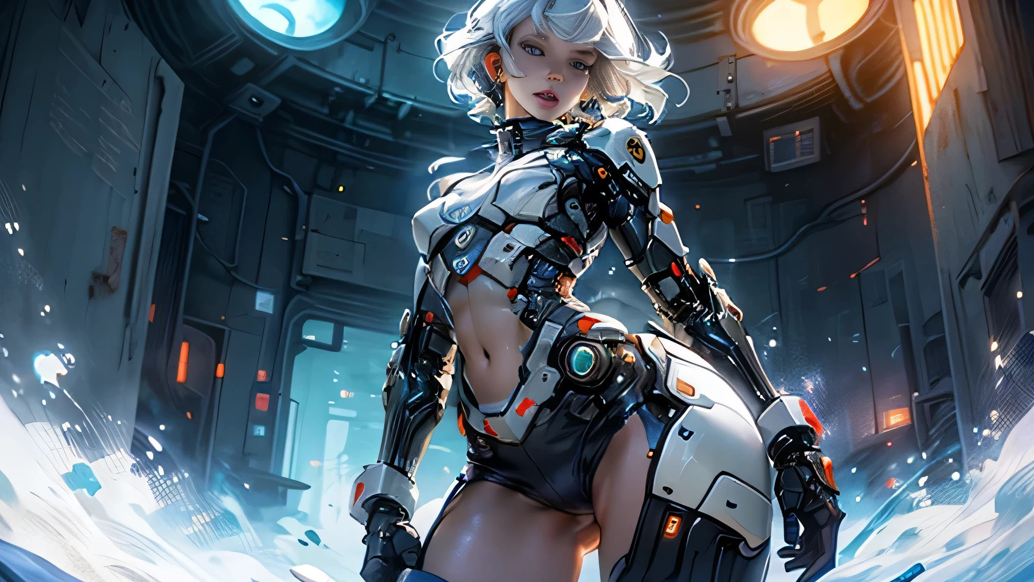 1, Beautiful face, big eye, (Choppy), (cybernetic body parts), Short underwear, Cowboy Shot, (Background with: futuristic cyberspace battlefield),  (depth of fields), ​masterpiece, Realistic, impossible details, top-quality