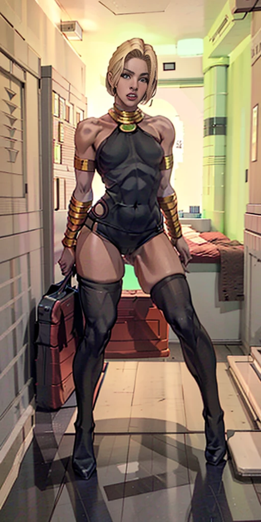 8k, best quality, masterpiece:1.2) (realistic, photo-realistic:1.37) (full body) 1female solo girl, standing, legs apart (wide stance) standing contrapposto, ultra-detailed, cute (Android 18) from DBZ, love hotel background, pink bedroom