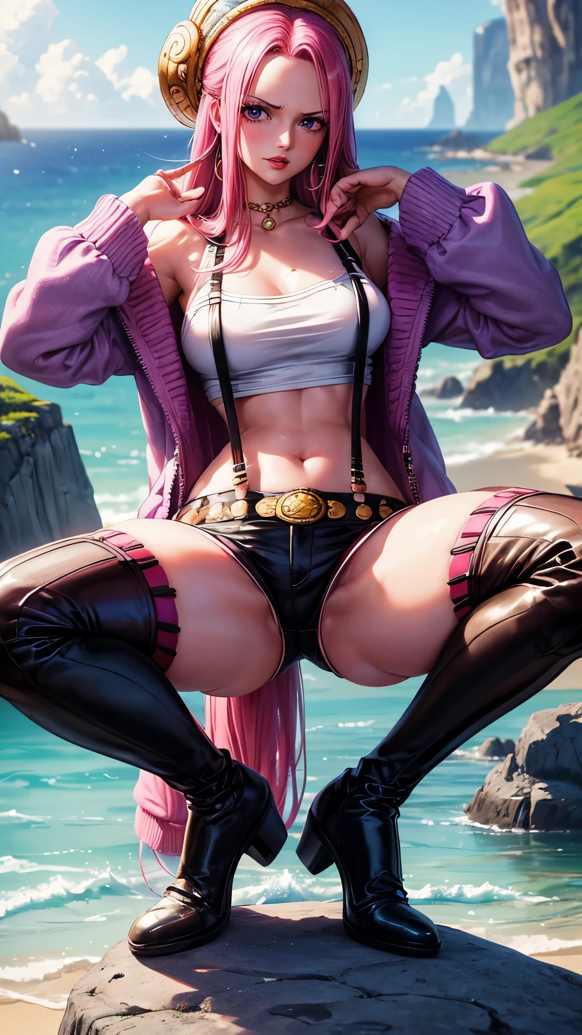 ((top-quality, 8K, masterpiece:1.3)), A detailed eye, (looking at from the front), Look at the camera, ((Everything is sparkling、reflecting light:1.2)), (Best Ratio: 4 fingers, 1 thumb), (portrait), (((Jewelry Bonney from One Piece))), JewelryBonneyV2, half body shot, 1girl, solo, cute asian face, long hair, pink hair, hat, ((slim girl, medium breasts, hyperdetailed lips)), red lips, (thighhighs, shorts, suspenders, boots, purple eyes), navel, midriff, crop top, belt, suspender shorts, complex detailed background, barren land, rocks, ocean, nature environment, squatting ,seiza , spread legs,nervous, blushing,