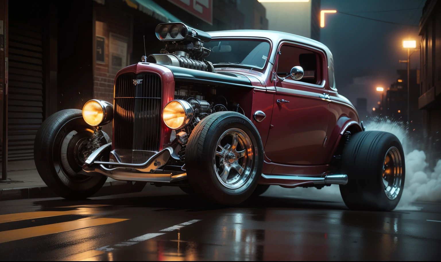 A black and red 1932 Ford Hot Rod tears through a neon-drenched cyberpunk city. Rain splatters off its aerodynamic body, the wind whipping through the driver's hair. Towering, angular buildings pierce the dense fog, their holographic advertisements flickering with blinding light. The hot rod's massive, chrome wheels leave trails in the slick pavement, its powerful engine a defiant roar against the urban symphony. This is a world of raw speed and unyielding power, where the classic muscle car carves its own path through the futuristic cityscape.