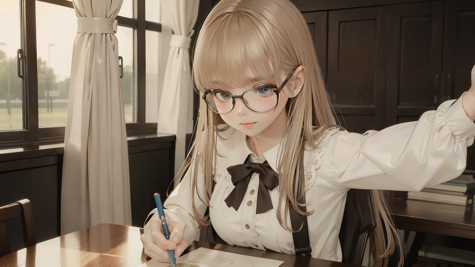 ((Best quality)), ((Masterpiece)), ((Super detailed)), (illustration), (Detailed light), (An extremely delicate and beautiful),A charming young girl,Dramatic perspective,Blonde long hair,Classroom,Teaching