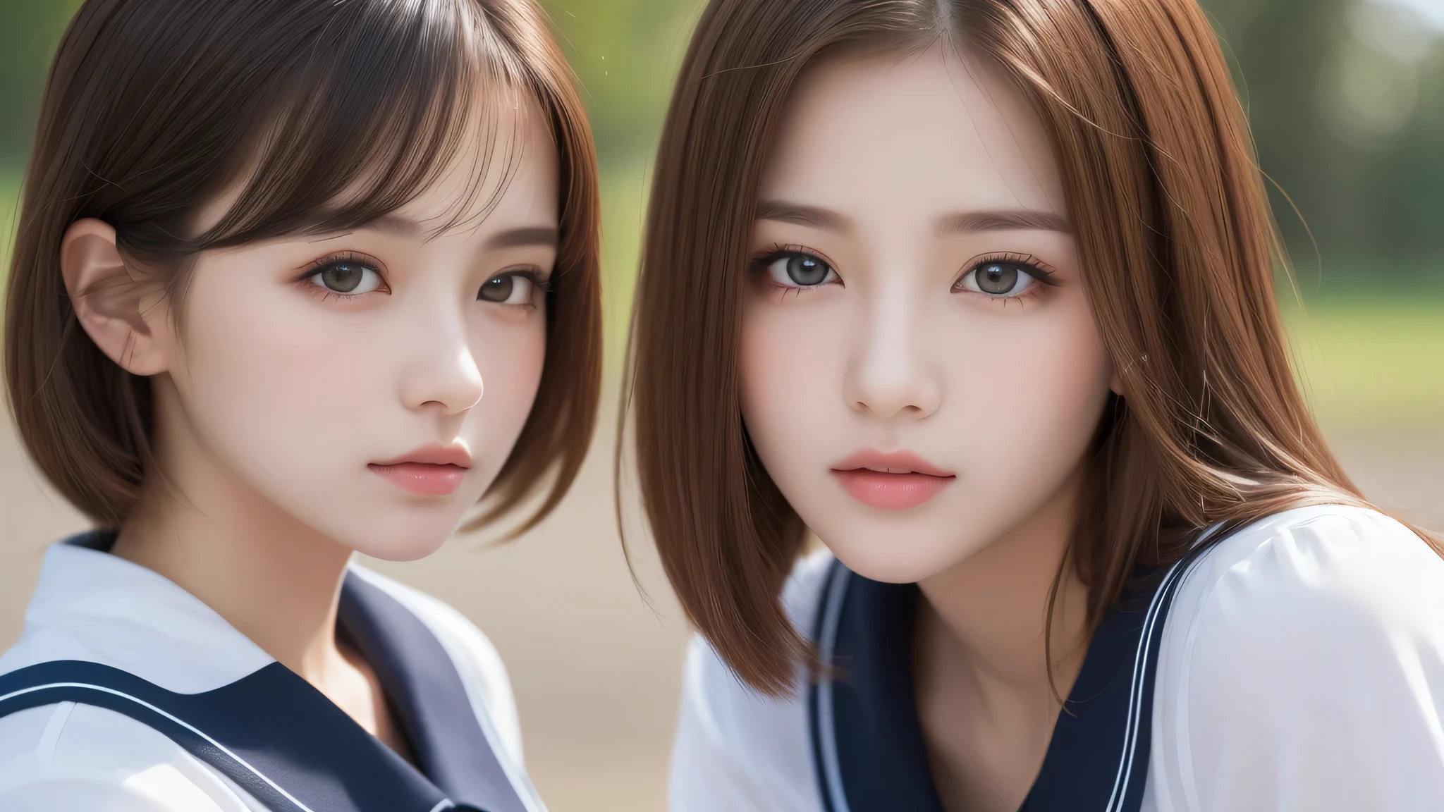 (2girl:1.3), (extremely detailed beautiful face), (highly detailed eyes, highly detailed face), (high school uniform), Fresh, very clean appearance, (best Quality:1.4), (hyper-realistic, hight resolution), Professional Photography, standing, Outdoors, Close up portrait of girl, staring at me, (Fine face:1.2), (big breasts:1.2), bob hair, 