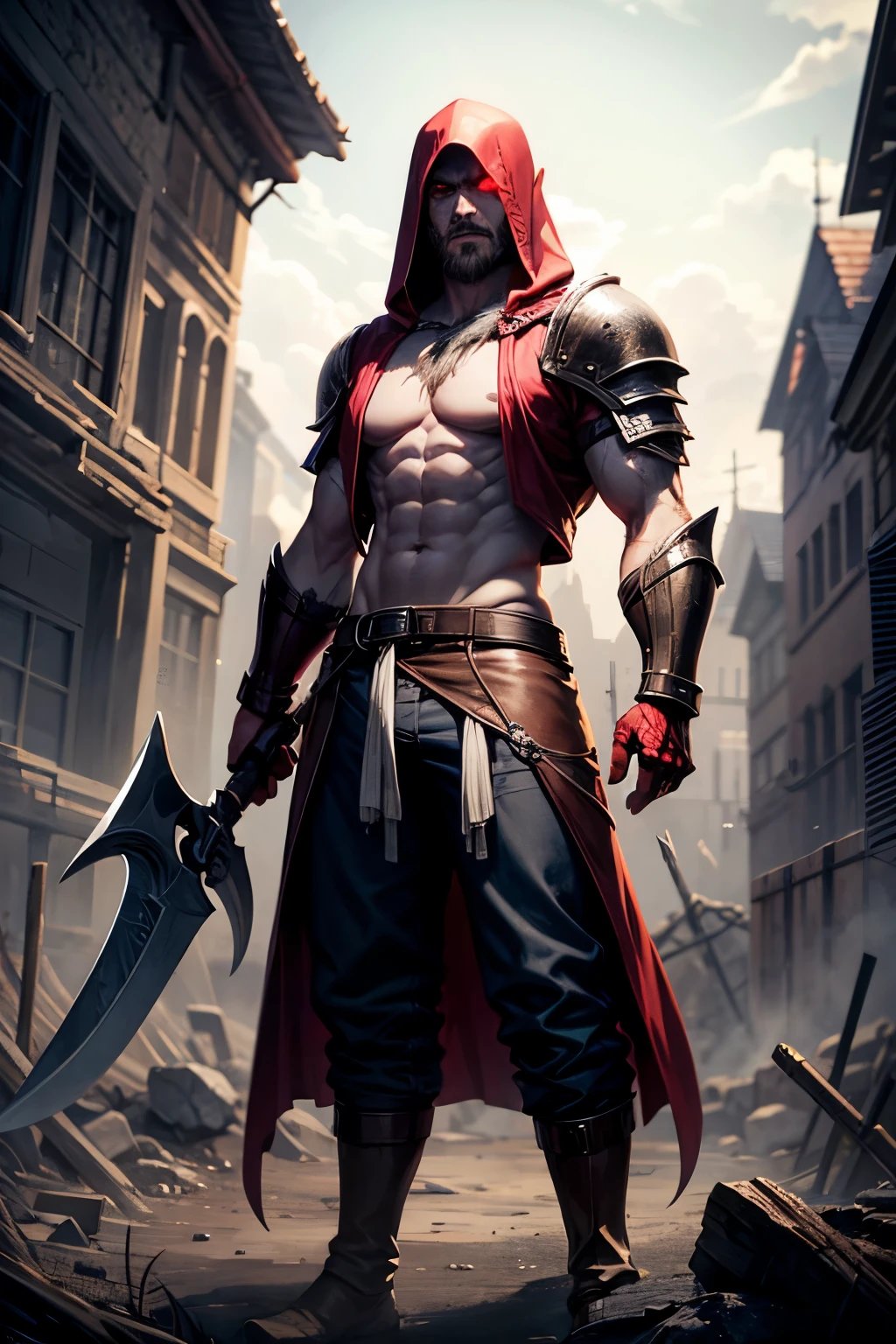 Half human half elf, barbarian, male, vampire, hooded, seems lost to the ages, red eyes with a slight glow, wielding a great axe, scary, dnd art, heavy barbarian armor, menacing, soft eyes, cloaked, battle worn, pale brown skin, dark and silver hair, medium length beard, battle scars, shirt and pants