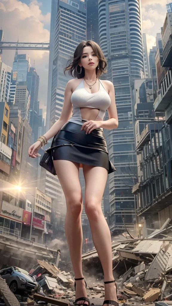 (16k, High resolution, highest quality, masterpiece, 超High resolution), ((Giantess Elements, From below)), Perfect dynamic composition:1.2, (Modern city at night), Highly detailed skin and facial textures:1.2, (Towering Giant Young Woman:1.0, taller than a skyscraper:1.0, 50,000 feet high:1.0), Incredibly slim body:1.0, Fair skin, Sexy beauty, Very beautiful face, (近づいてくる女性をFrom below見上げる, Destroy a small town), (Checked skirt, Wear casual clothes), Shapely breasts, Chest gap, Big eyes that exude beautiful eroticism, Lips that exude beautiful eroticism, necklace, Earrings, bracelet, wedding ring, Shoulder bag, clock, ribbon, Full body portrait, (Trampling, rubble, Destroyed small building, Collapsed highway, Cars are crushed, Evacuated residents), (Big impact, Draw a woman in a big way, Increase the destructive element, Making cities smaller)