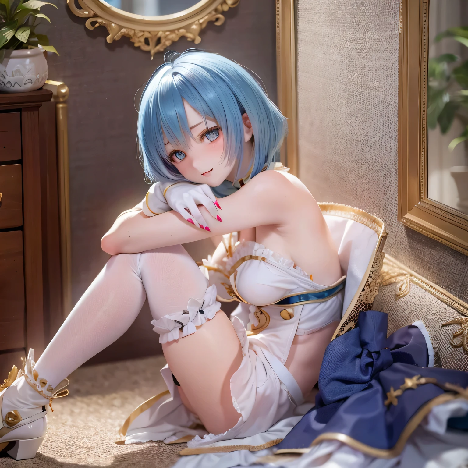 (best quality,ultra-detailed,photorealistic:1.37),tabletop,expressive eyes,perfect face,smiling,closed mouth,barefoot,blue hair,short hair,bare back,reclining,smooth nude skin of Madoka☆Magica's Miki Sayaka,sexy pose