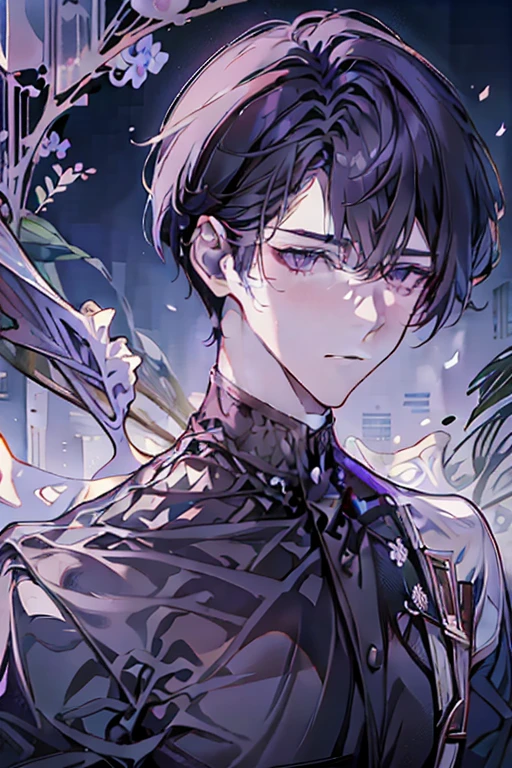 adult man,Holding a bouquet,The flowers are purple,Watercolor beauty,A handsome and gentle man,beautidful eyes,exquisite facial features,Charming temperament,Stirring!prinz,Business suit,Handsome and exquisite,Cold white skin,florals,shoulder width。sedate,a sense of atmosphere,flower bouquet