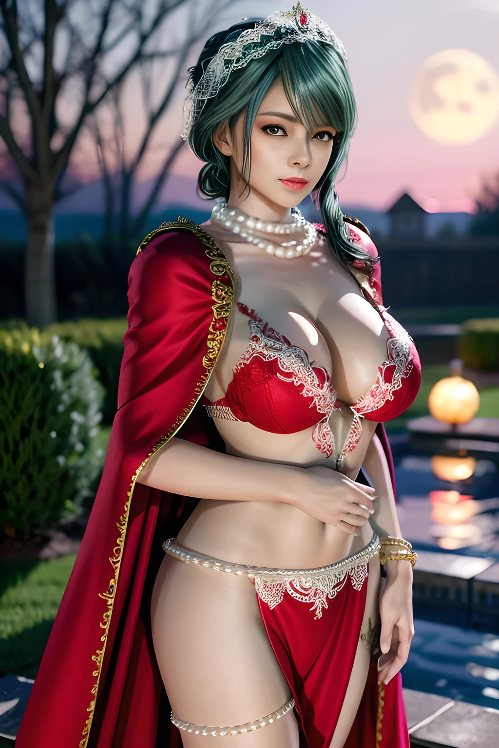 1 girl,lean over WINK,(Wearing Wedding Dress:1.2) ,(Wearing Jewel:1.2) ,( red lace_cloak:1.3),(Fluffs :1.4),(pearl bodychain:1.3),garden,nighttime,moon,( huge breasts ),cleavage,shiny skin,lip gloss,tattoos, masterpiece, best quality, realistic ,Surrealism,Rich artistic colors,natural colors art in 8k,3D,Portrait art,solo, tamaki