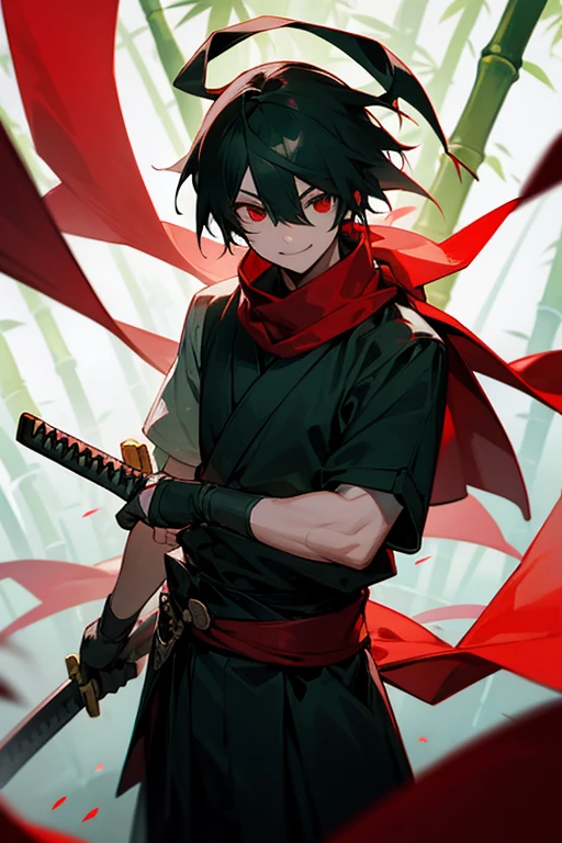 boy assasin, smiling with bamboo hat, one red eye and other black. Scar under the eye, katana on the belt, dark green tabi. Red scarf