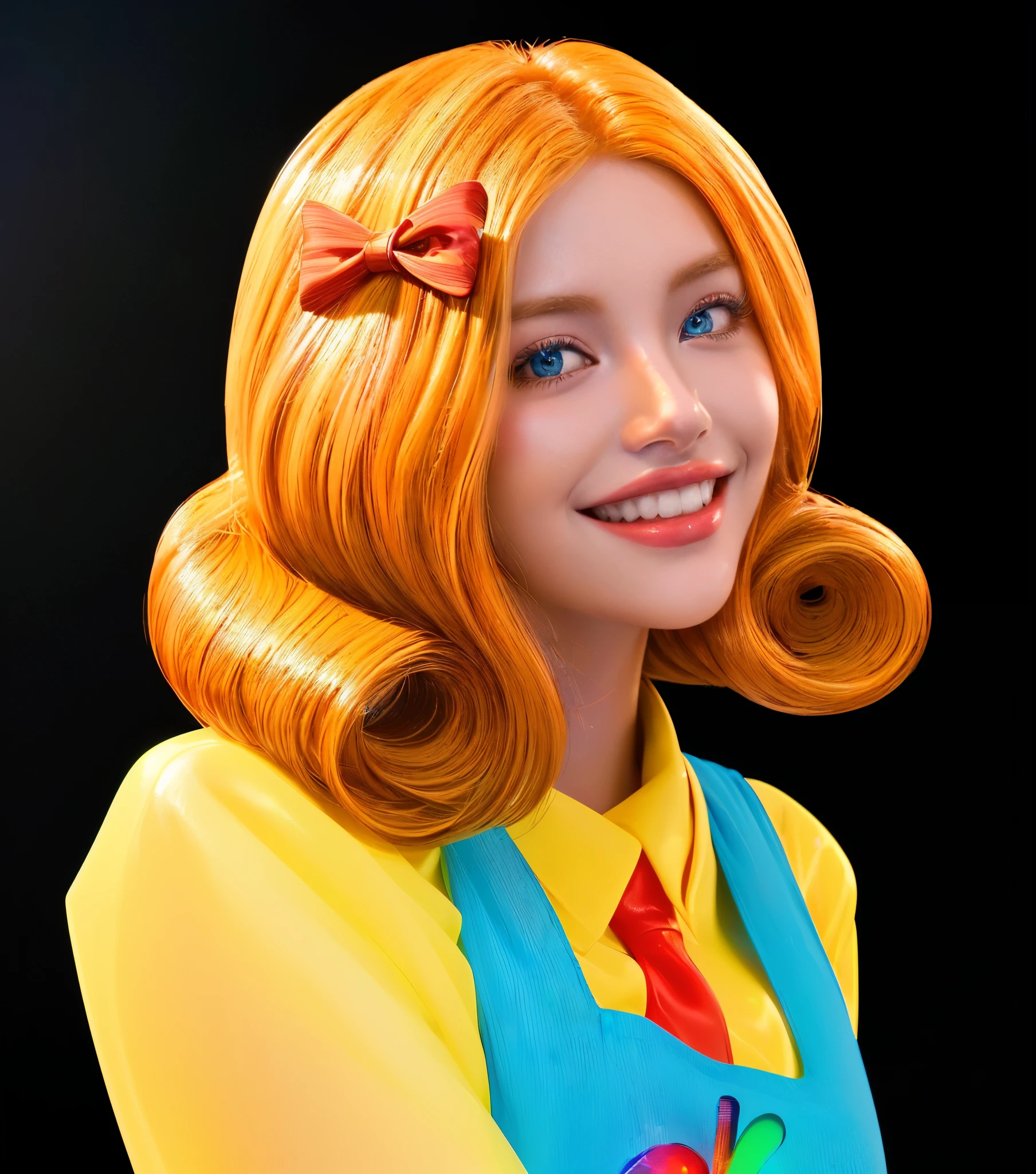 A cartoon girl with a huge smile and red hair is peeking out from a baby bag. laying on a blue background blanket., glossy texture, smooth 3d model, multiple light sources, rim light, sharp post effects render, (glossy plastic texture with multiple big light probe refractions), perfect cgi, smooth silhouette, high intensity refraction, (super glossy material), most beautiful vfx, blue background, plastic refractions, realistic, 4k, high resolution, rim light, photo shoot, commercial photo, profile shot, 4k, rim light, high resolution, 4k, glossy texture, smooth 3d model, multiple light sources, rim light, sharp post effects render, (glossy metallic texture with multiple big light probe refractions), perfect cgi, cgi art created only with gradients, smooth silhouette, high intensity refraction, (super glossy chrome material), most beautiful vfx, blue background, chrome metal refractions, multiple light sources, rim light, sharp post effects render, perfect cgi, digital art, detailed digital art, reflective, best quality, 4k, masterpiece:1.2, ultra-detailed, realistic, vivid colors, dark and moody lighting, The image of the highest quality, ensuring every detail showcased perfectly. It in 4k resolution, allowing viewers to immerse themselves in the richness of the colors and intricate details. The realistic rendering. under the spotlight, reflecting, high-resolution image, realistic rendering, dark background, and rim light photorealistic