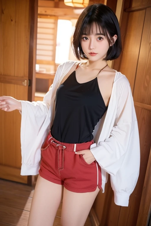 mix4、20d、1 girl、Japanese s、Very Short Hair、Black Hair、Wearing Luffy's clothes from One Piece、Larger breasts、Full Body、lookatviewer、(8k、RAW Photos、highest quality、masterpiece:1.2)、(Real、Photorealistic:1.37)、Professional Lighting、Photon Mapping、Radio City、Physically Based Rendering