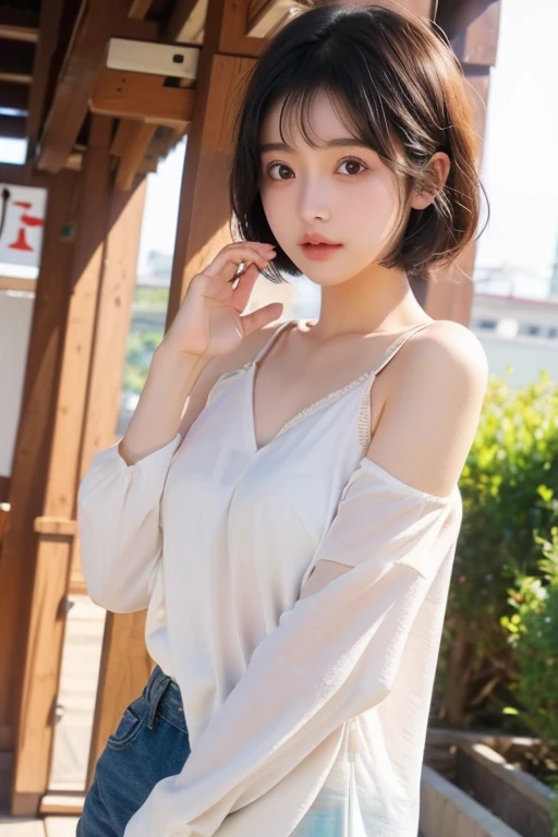mix4、20d、1 girl、Japanese Teens、Very Short Hair、Black Hair、Wearing Luffy&#39;s clothes from One Piece、Larger breasts、Full Body、lookatviewer、(8k、RAW Photos、highest quality、masterpiece:1.2)、(Real、Photorealistic:1.37)、Professional Lighting、Photon Mapping、Radio City、Physically Based Rendering