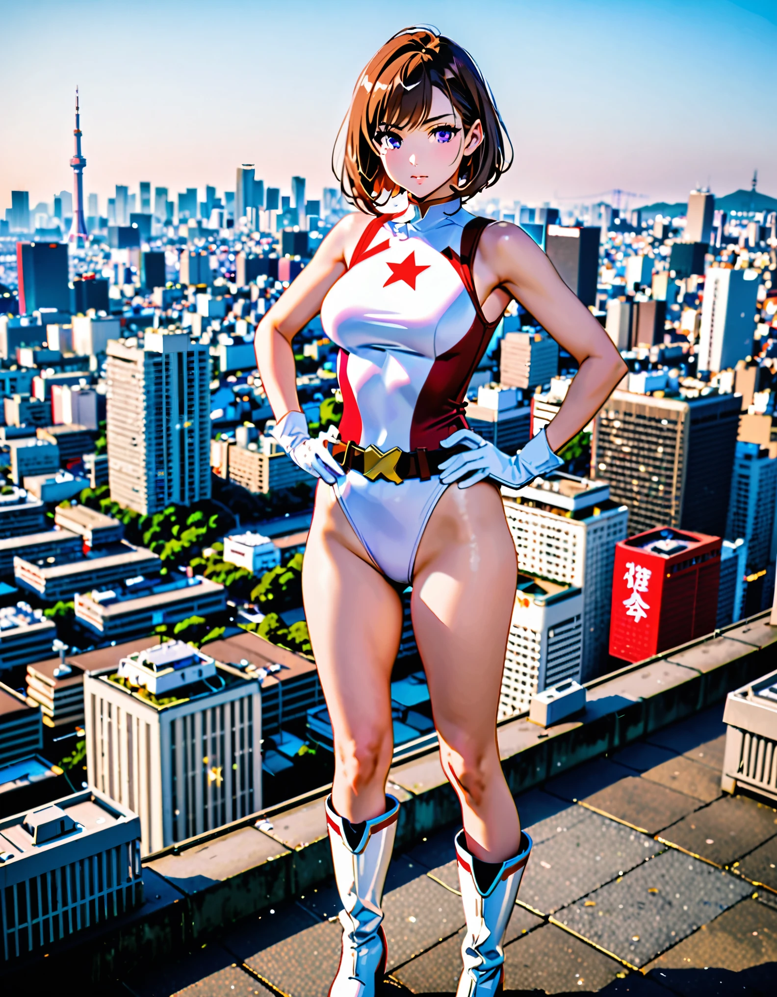 (masterpiece), (best quality), (high res), medium breasts, ((leotard, white and red leotard, matching leotard, sleeveless, bare legs)), ((tight belt, gold belt)), ((boots, matching boots, ankle-high boots, white boots)), ((gloves, white gloves)), city backdrop, tokyo city backdrop, solo, single, hands on hip, standing, ((full body shot)), cowboy shot, superhero, ((beautiful detailed eyes)), (gold star symbol on chest), (brown hair, medium hair, bob hair, purple eyes), (perfect anatomy). full body costume design. 