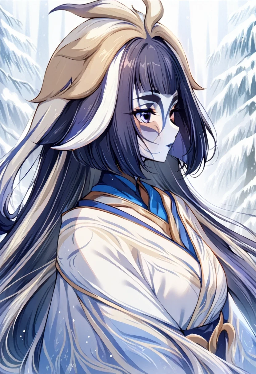 (shylily/(Twich/):1.5),(masterpiece:1.2),(best quality:1.2),Kimono anime girl, Long flowing hair and robes, The sharp gaze of the Snow Girl, , , Since the Warring States Period, female anime character, A beautiful anime portrait